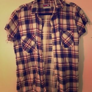 Short sleeve distressed plaid button down